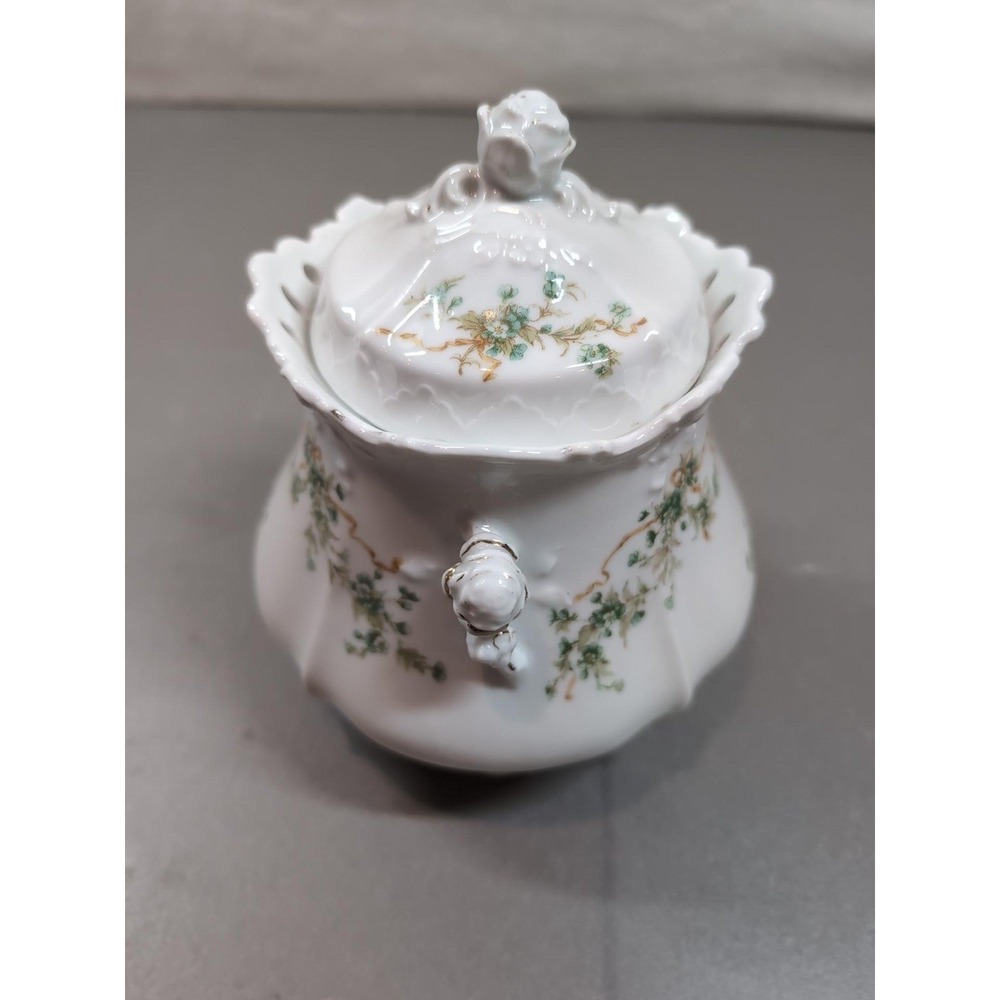 Antique Hermann Ohme Eglantine Porcelain Covered Sugar Bowl Germany Floral Gold - Picture 3 of 13